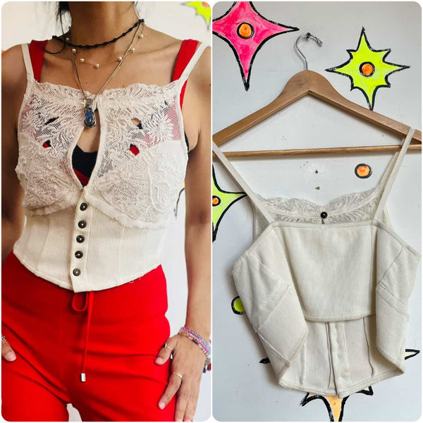 Y2K Off White Knit Lace Cami by Free People - Fairy Grunge Boho Witchy Top - S