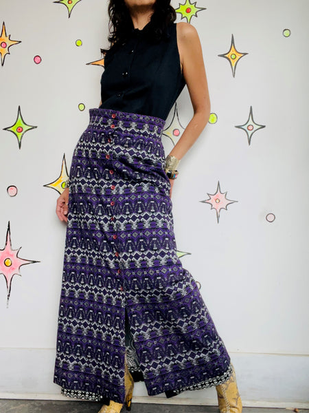 70s Purple & Silver Geometric Print Maxi Skirt Groovy Polyester Retro Boho M