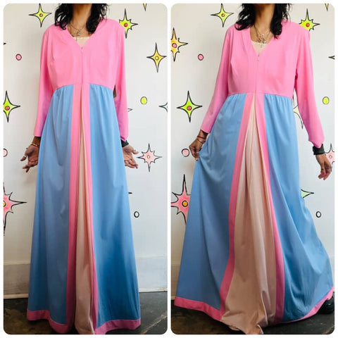Vintage 60s 70s Vanity Fair Pink Blue Nylon Nighty Robe | Babydoll Grunge | 16