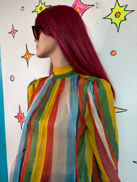 Archival 2002 Dolce & Gabbana Silk Rainbow Stripe Bow Blouse Circus Clowncore ML