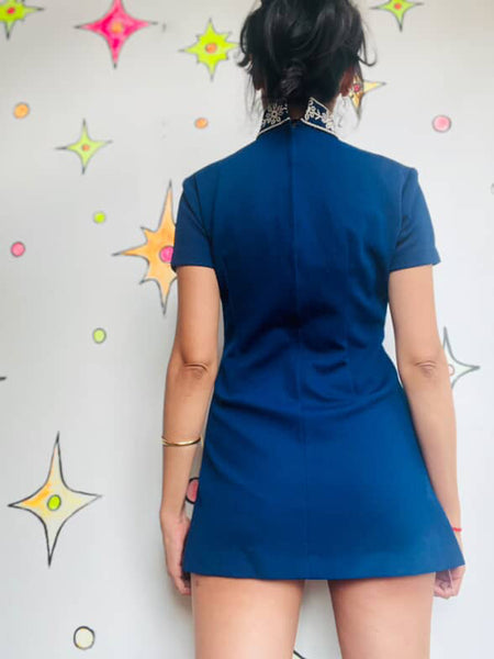 Vintage 60s Navy Micro Mini Dress - Twiggy Space Age Sears Jr Bazaar - XS/S
