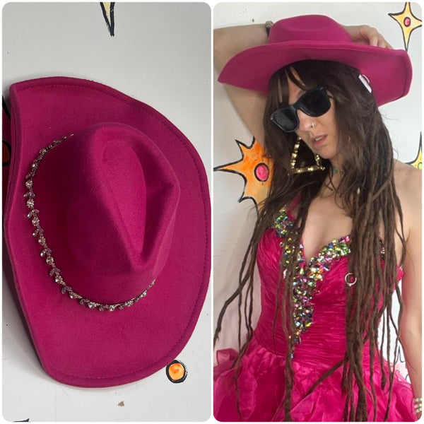 Hot Pink Cowgirl Hat Rhinestone Band Western Barbiecore Party Hat