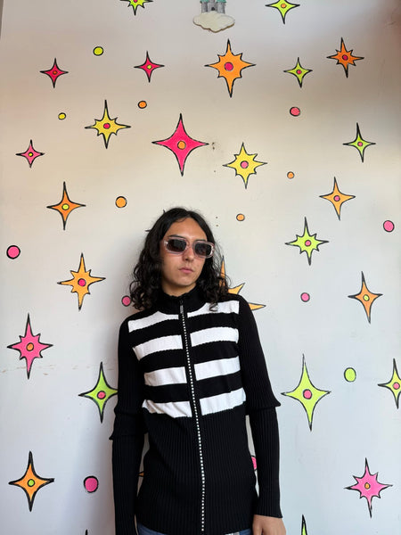 Y2K Beaded Zip Cardigan | Black White Rhinestone Striped Indie Sleaze Sweater S