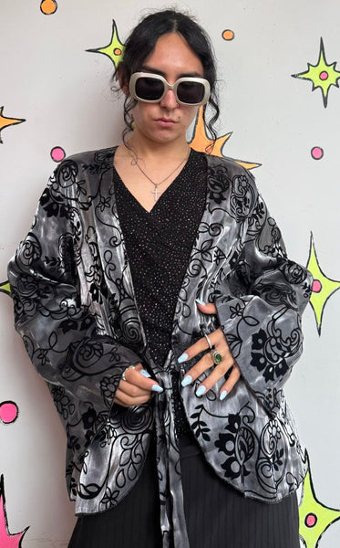 Velvet Burnout Kimono | Silver Black Floral Boho Goth Duster One Size