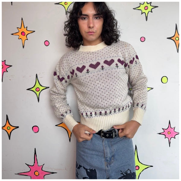 Vintage 80s Heart Sweater Romantic Retro Knit Cute Valentine Coquette Sweater SM