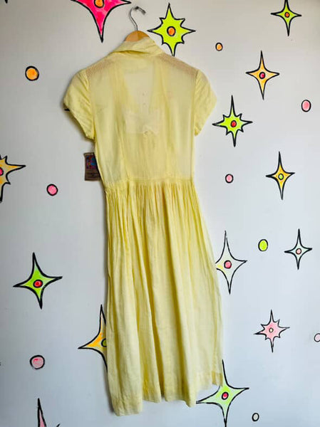 Vintage 1950s Pastel Yellow Fit & Flare Day Dress - Semi-Sheer - Size Small