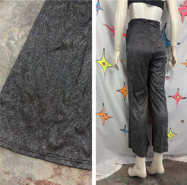 Retro 90s does 70s Silver Glitter Disco Pants High Rise Stretch Flares S