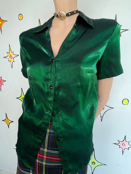 Emerald Metallic Button Up Shirt - 90s Vintage Fairy Grunge Cyber Party Top M/L