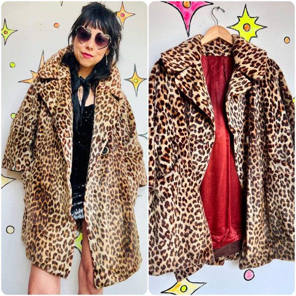 Vintage | Leopard Print Vegan Fur Swing Coat Lined Pockets Hot Mob Wife | S M