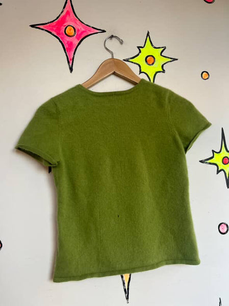 Vintage 90s Sage Green Cashmere Sweater Top – Fuzzy Short Sleeve Cozy Knit – M