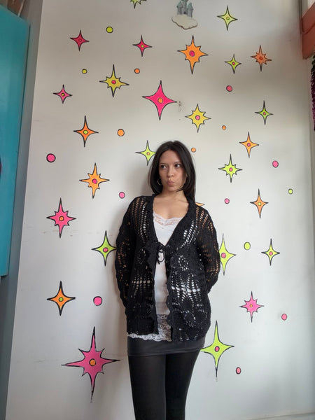 Black Crochet Cardigan Boho Whimsy Goth Fairy Festival Layering Sweater Large
