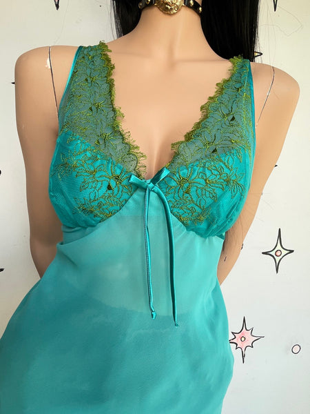 Y2K Seafoam Teal Slip Dress Mermaidcore Fairy Grunge Satin Lace Mini Dress S