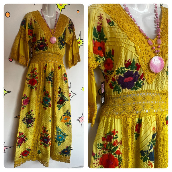 Vintage 60s 70s | Rainbow Embroidered Goddess Bell Sleeve Lace Peasant Dress | S