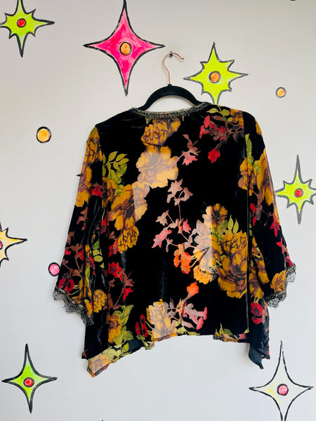 Black Velvet Kimono Floral Burnout Shimmer | Sheer Witchy Whimsy Goth Fairy | L
