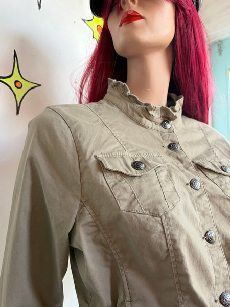 Y2K Khaki Military Jacket Soft Grunge Ruffled Utility Blazer Fairy Grunge XL