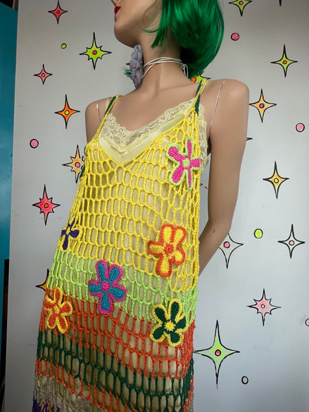 Y2K Crochet Rainbow Dress Festival Boho Rave Pride L/XL