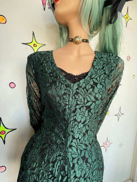 Vintage 90s Green Gauzy Lace Goth Dress Whimsy Goth Witchy Boho L