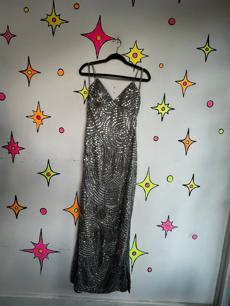 Vintage Silver Beaded Silk Gown Movie Star Glam Evening Dress Formal 90s S