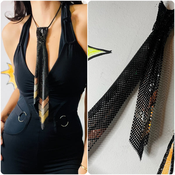Y2K Black Mesh Chainmail Necktie Collar Necklace - Statement Tie Choker