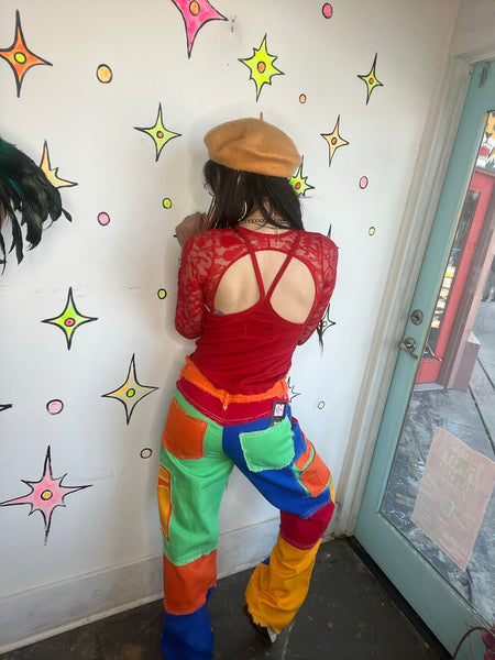 Rainbow Denim Wide Leg Patchwork Pants Y2K Boho Grunge Statement Jeans M/L