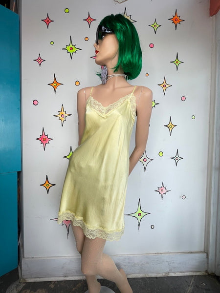 Vintage Pastel Silky Yellow Slip Dress with Lace Fairy Grunge Lingerie M