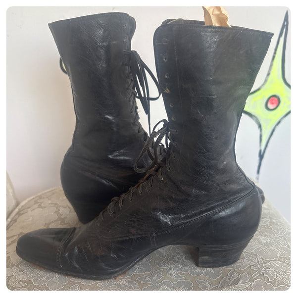 Antique Edwardian Black Leather Boots – Early 1900s Victorian US Womens 5.5–6
