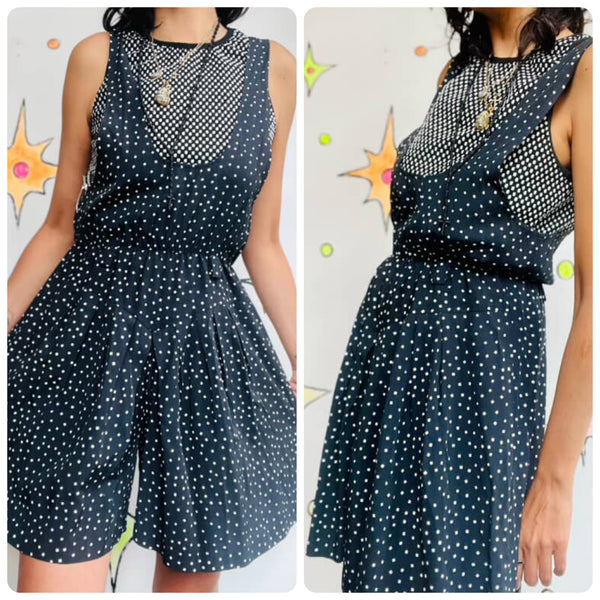 Vintage 80s Black & White Polka Dot Romper Mini Dress / Skort Whimsy Goth Small