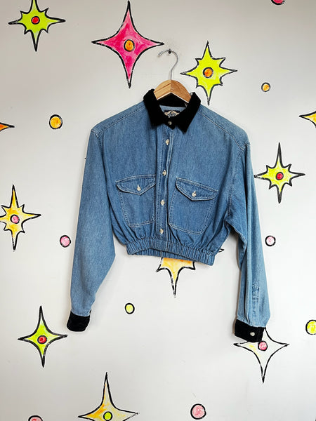 90s Grunge Denim Crop Top | Velvet Collar & Cuffs | Long Sleeve Button-Up (S)