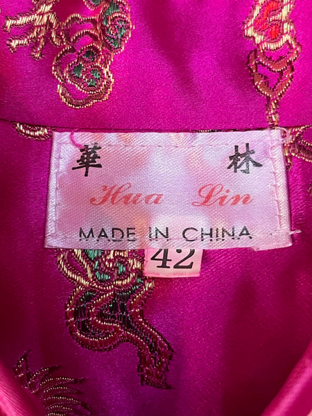Vintage Hot Pink & Gold Satin Cheongsam Mini Dress | Geisha Kimono Style | M/L