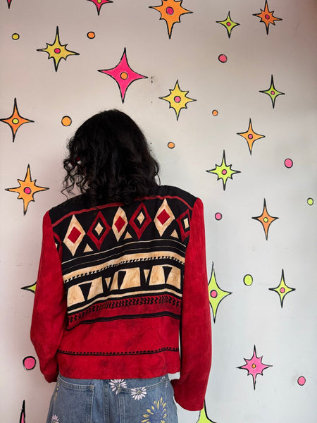 Red Western Blazer 80s Cowboycore Folk Art Jacket Office Siren Glam Statement L