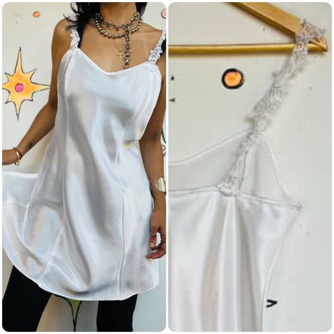 Vintage 90s Y2K White Satin Lace Fairy Grunge Beaded Mini Slip Dress | Size M
