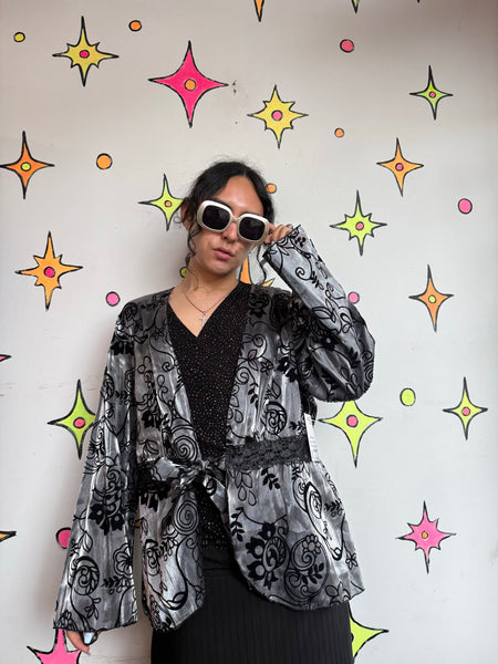 Velvet Burnout Kimono | Silver Black Floral Boho Goth Duster One Size