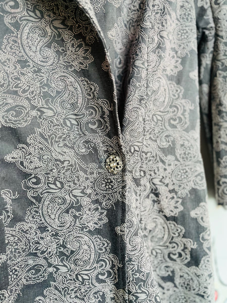 Y2K Silver Paisley Print Coat | Vamp Glam Goth Fairycore Romantic Medium - M