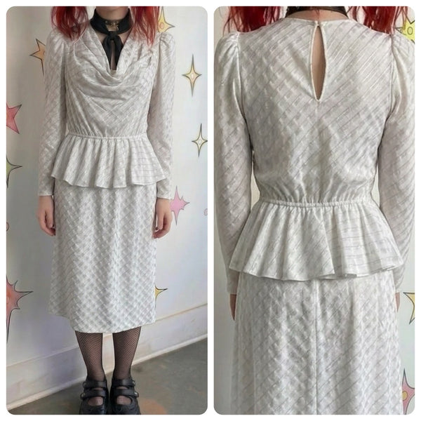 Vintage 80s | White Silver Cowl Neck Flowy Goddess Secretary Party Dress | S M