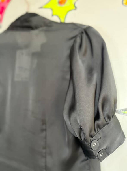 Vintage 90s Y2K | Black Silky Preppy Goth Glam Dark Academia Blouse | Size S