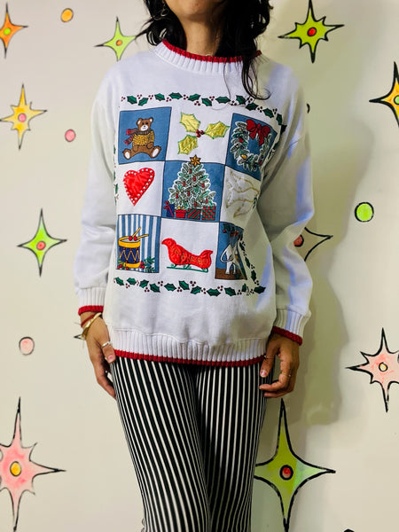 Vintage 80s 90s Tacky Ugly Christmas Patchwork Sweater – Holiday Party - M/L