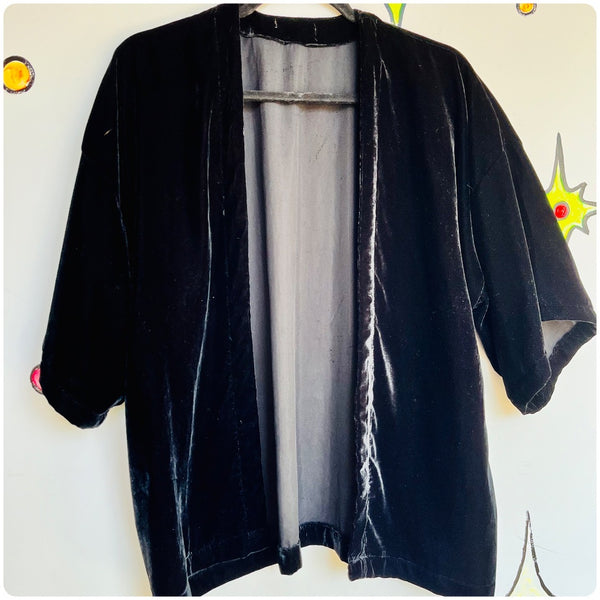 Vintage Black Velvet Kimono Jacket Top Duster Bolero Classic Timeless Goth Boho