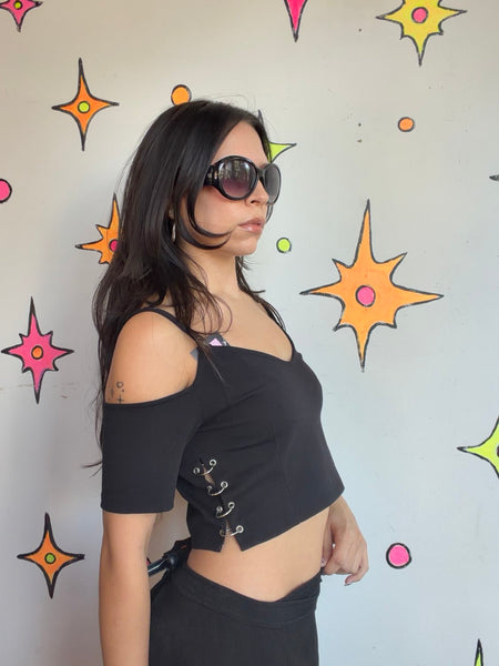 Y2K Black Goth Lace-Up Side Crop Top Emo Punk Grunge Fairy Mall Goth Tee S/M