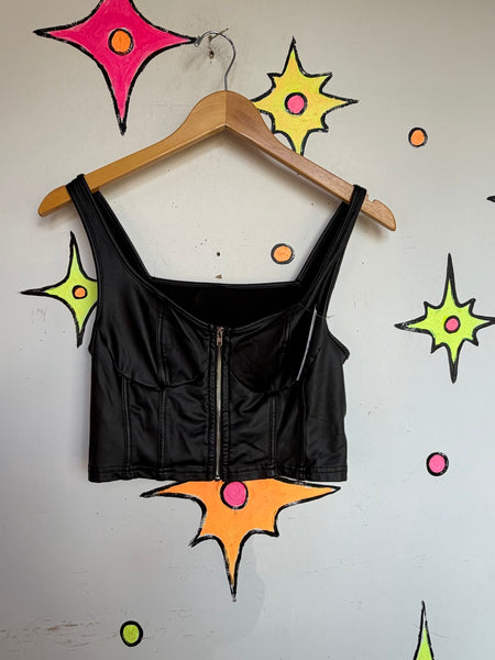 Y2K Vegan Leather Corset Top - Zip Front Punk Biker Goth Crop Top - Small