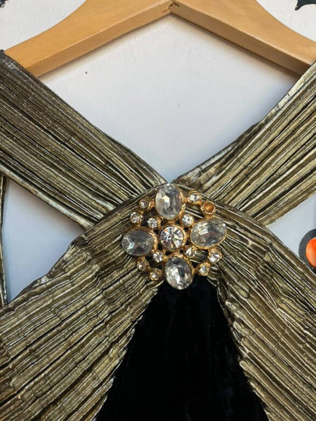 Vintage 80s 90s Black & Gold Velvet Party Mini Dress – Glam Goth – Sz 10 Petite