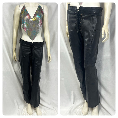 Vintage 60s | Black Leather Lace Up Patchwork Cut Out Flare Pants | 30 x 30