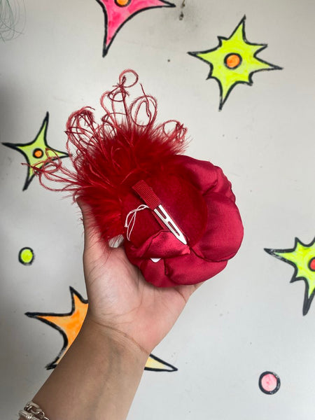 Red Rose Feather Hair Clip Goth Burlesque Rockabilly Flamenco Fascinator