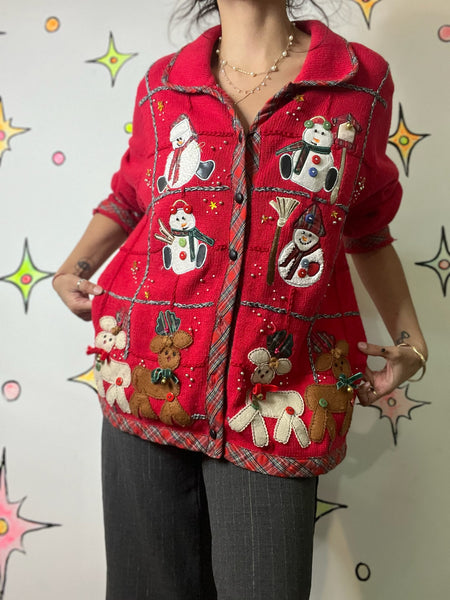 Vintage Embellished 80s 90s Red Ugly Tacky Christmas Sweater Cardigan Snowman L