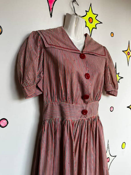 Vintage 1940s Striped Nautical Sailor Costume Dress Handmade Pinup Seaside 6 - 8