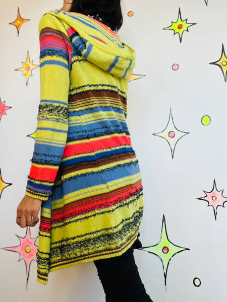 Y2K Rainbow Striped Hooded Cardigan Southwestern Boho Fairy Grunge Sweater – M/L