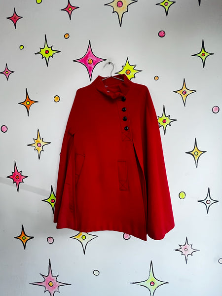 Vintage 60s Cherry Red Cape Coat | Heavy Warm Wool Feel Cloak | Mod Swing Cape