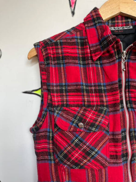 Vintage 90s Y2K Red Plaid Zip Up Flannel Utility Vest | Grunge Layering Top S