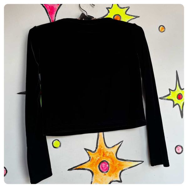 Vintage 90s Stretchy Black Velvet Mall Goth Fairy Grunge Long Sleeve Crop Top S