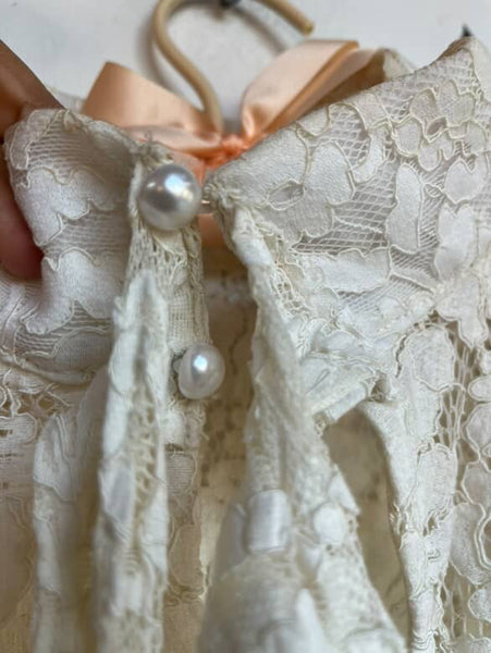 Vintage 70s White Sheer Lace Rococo Babydoll Grunge Boho Bow Neck Top Blouse | L