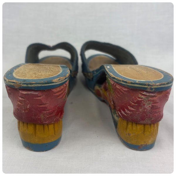 Vintage 1940s Hand Carved Painted Wooden Platform Heels Philippines Folk Art - 6
